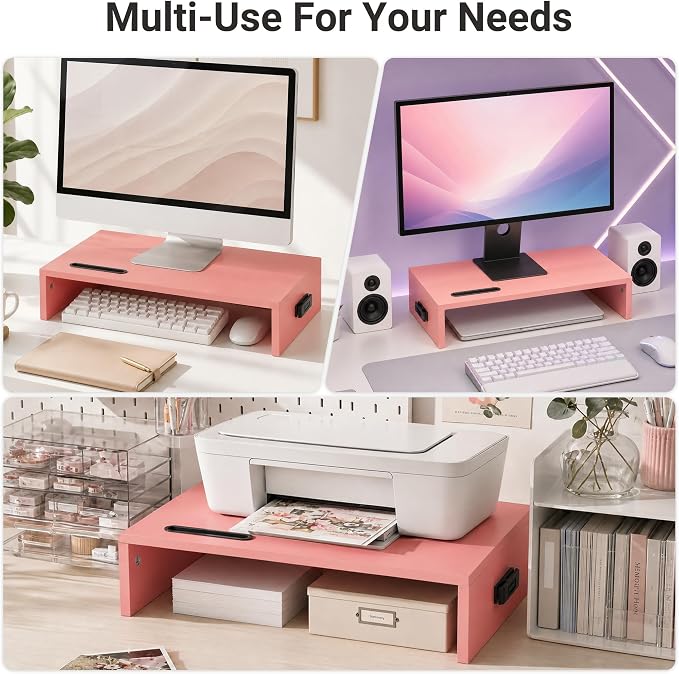 BONTEC Monitor Stand Riser with Cellphone Holder & Cable Management, 16.7 Inch Wood Monitor Riser Stand, Desktop Stand for PC/TV/Laptop/Printer, Pink