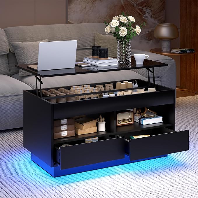 HOMMPA 40'' LED Coffee Table Morden with High Gloss Black Lift Top Dining Table with Hidden Storage Living Room 4 Tiers Tea Table Center Tables Hidden Compartment & 2 Open Shelve & 2 Drawers