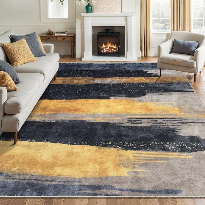 Ciicool Modern Abstract Black Gold Rug for Living Room, 6'x9' Machine Washable Area Rug Non-Slip Rug, Low-Pile Contemporary Indoor Dining Floor Carpet for Bedroom Office Under Table Home Decor