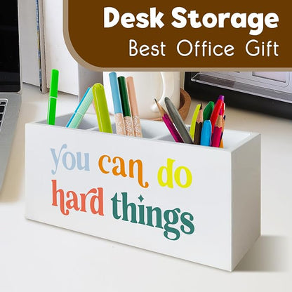 You Can Do Hard Things Desk Pen Holder, Inspirational Decor for Nursery School Psychologist Mental Health Therapy Office Desk, Positive Wooden Pencil Holder Organizer for Office