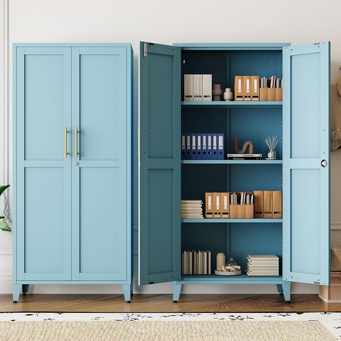Metal Storage Cabinet with Lock,Blue Steel Tool Cabinet with 3 Adjustable Shelves,61 Tall Freestanding Heavy Duty Garage Locker for Home Office Kitchen 61" H X 27.6" W X 13.8" D