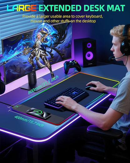 Mouse Pad with Wireless Charging, RGB Gaming Desk Mat, Large XXL Desk Pad, 15 Lighting Modes, Ultra-Smooth Surface, Non-Slip Mouse Mat, Waterproof Computer Keyboard Pad for Gamer, 800x400x4MM, Black
