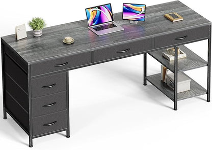 Huuger Computer Desk with 6 Drawers, Office Desk with Shelves, Reversible Gaming Desk, Corner Desk with Storage, Work for Home Office, Study, Living Room, 63inch, Grey