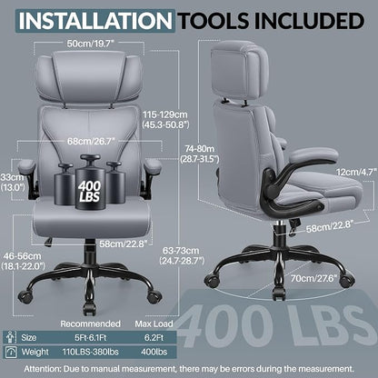 Office Chair, Ergonomic Big and Tall Computer Desk Chair with Retractable Adjustable Headrest, Executive Breathable Leather Chair, Lumbar Support Swivel Flip-up Armrests Rocking Function,Matte Gray