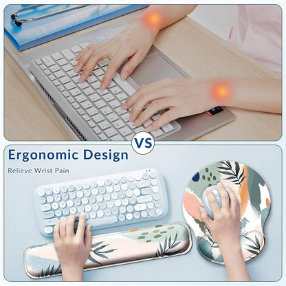 Desk Mat Set + Keyboard and Mouse Pad with Wrist Rest Support,4-in-1 Large Mousepad Computer Mats for Desktop Home & Office-Leaves 2