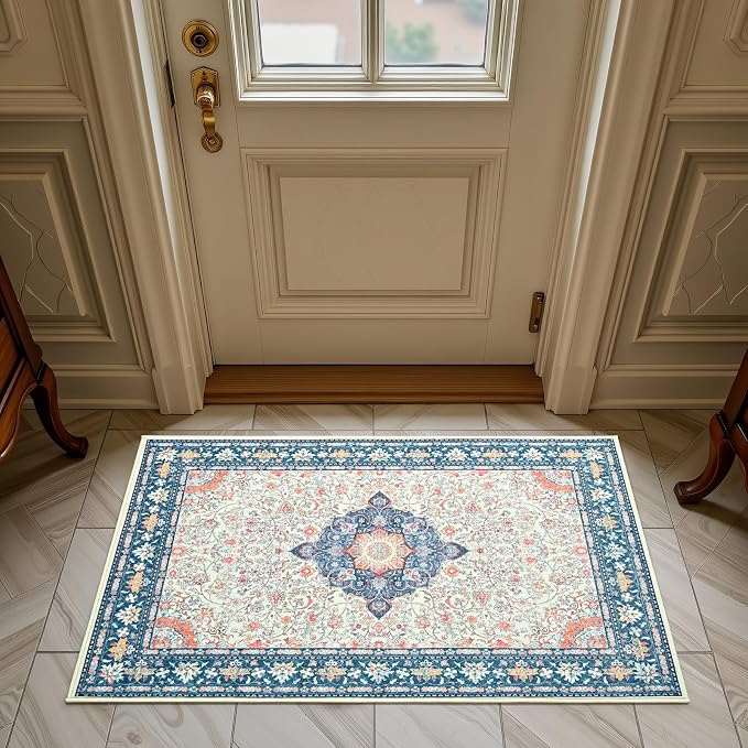 Goideal Washable Rug 2x3, Vintage Area Rugs Non Slip, Indoor Low Pile Carpet with Rubber Backing for Kitchen Bathroom Entryway Office Bedroom,Cream & Navy