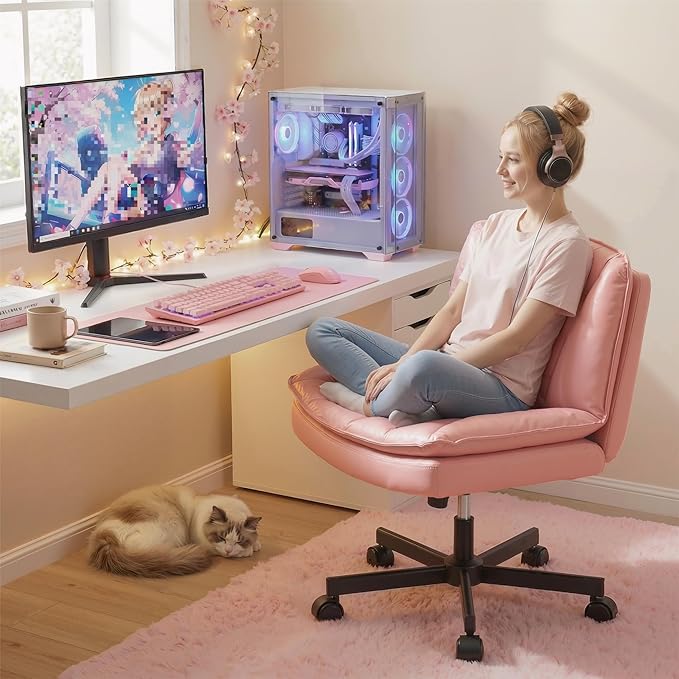 DurayLoly Criss Cross Office Chair with Wheels, Cross Legged Office Chair with 2 Layer Comfty Leather, Armless Wide Vanity Chair for Home Office, Pink