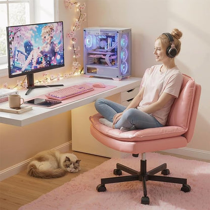 DurayLoly Criss Cross Office Chair with Wheels, Cross Legged Office Chair with 2 Layer Comfty Leather, Armless Wide Vanity Chair for Home Office, Pink
