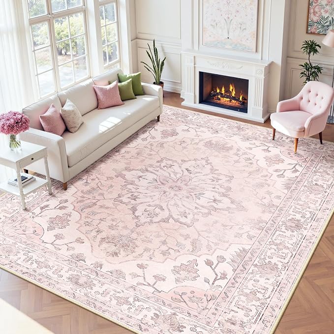 RELEANY Area Rugs Large 9'x12' Washable Non-Slip, Floral Vintage Distress Medallion Carpet for Living Room Bedroom Dining Room, Pink Greypink Cute