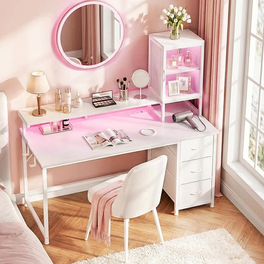 DurayLoly 47" White Computer Desk with 2 Acrylic Cabinet & 3 Fabric Drawers | Integrates Ample Storage & Display, Great Fit for Small Spaces, Outlets Suitable for Studying, Working & Gaming Equipments
