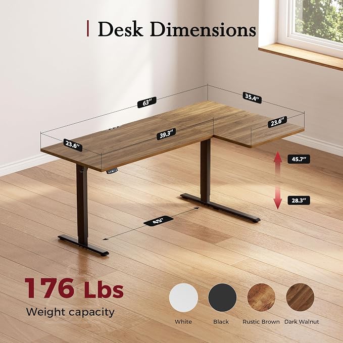 Klicelor L Shaped Standing Desk, 63 Inch Electric Height Adjustable Desk with Memory Preset, Reversible Sit Stand Up Computer Workstation for Home Office, Splice Board, Dark Walnut