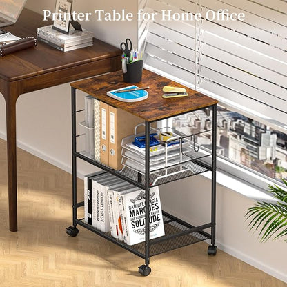 ThreeHio Printer Stand, 3Tier Printer Table with Wheels, Printer Cart with Storage Shelf, Printer Desk for Home Office Fax Machine Scanner, Rolling Cart for Kitchen, Laundry, Balcony, Living Room