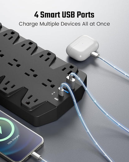 Power Strips with Surge Protection 10 FT, SUPERDANNY 18 AC Outlets and 4 USB Ports, Flat Plug Heavy Duty Extension Cord, 1875W/15A, 2100 Joules for Home, Office, Dorm, Black