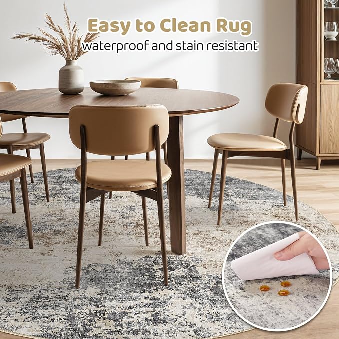 Round Rug Living Room Rugs: 5x5 Washable Circle Large Abstract Modern Soft Stain Resistant Non-Slip Indoor Floor Carpet for Bedroom Nursery Office Dining Room Dorm Home House- Grey Brown