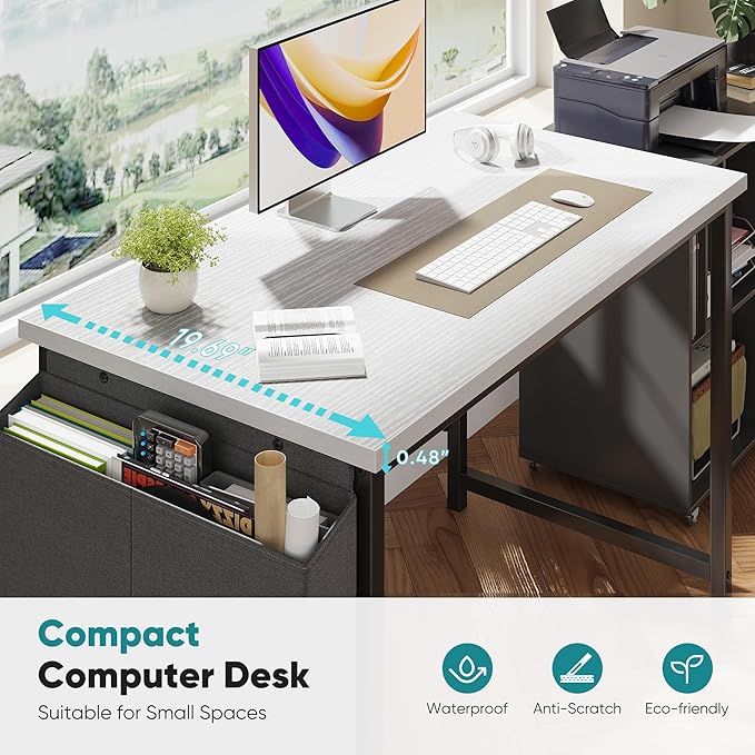 OLIXIS Computer Desk, 44 Inch Home Office Desks for Small Spaces, Writing Craft Study Gaming Table for Bedroom, Modern Computer Workstation with Storage Bag, White
