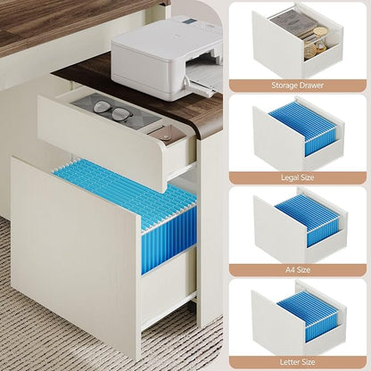 Mid-Century Modern 78" L-Shaped Executive Desk with Independent Mobile File Cabinet, Large Home Office Desk with Drawers and 4 AC + 2 USB Power Outlets, Waterfall Edge Design, White & Walnut