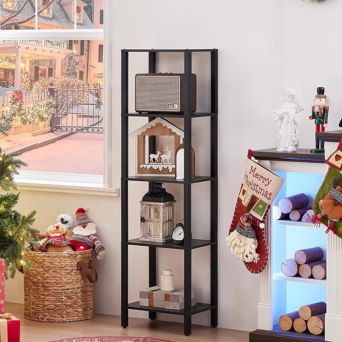 YUFAM 54in Tall Bookshelf 5-Tier Small Narrow Bookcase, Skinny Book Shelf for Small Space, Farmhouse Slim Shelf with Storage, Wood Freestanding Display Thin Bookshelves for Living Room, Office, Black