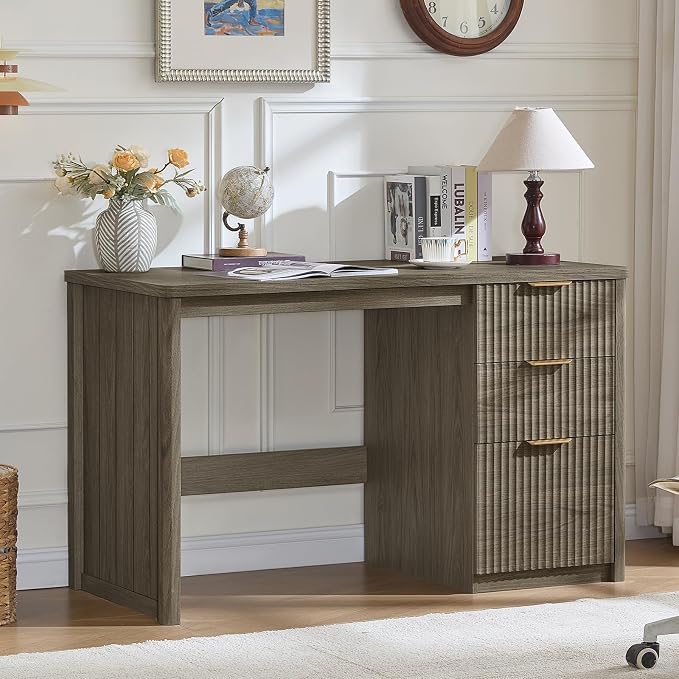 LEYAOYAO Office Desk 48" with 3 Drawers Storage File Cabinet Wood Fluted Desk for Computer Office Bedroom Home Furniture Grey