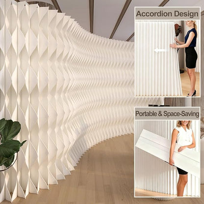 Accordion Kraft Paper Room Divider, 3D Diamond Wave Privacy Screen, Modern Freestanding Folding Partition, No Drill & Portable for Home Office Studio Salon White