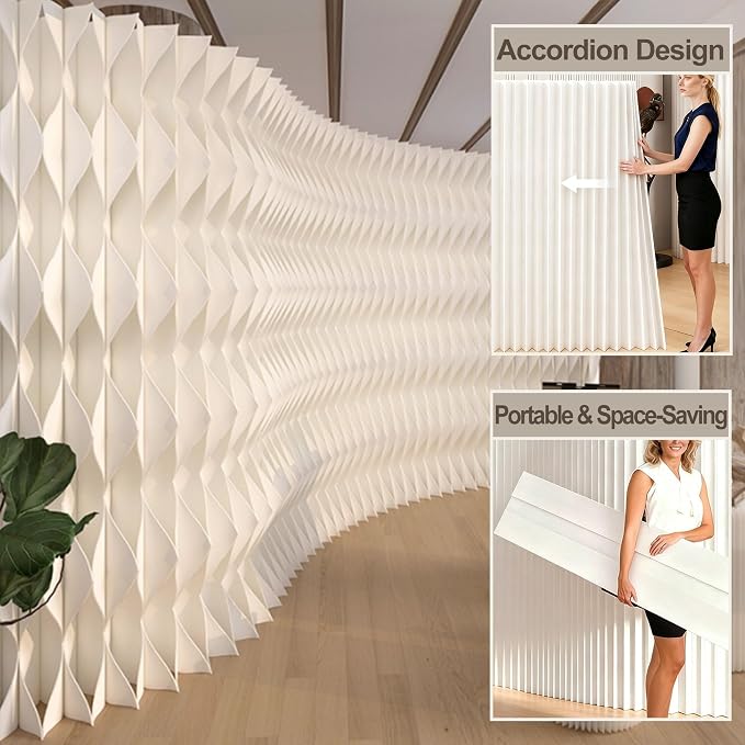 Accordion Kraft Paper Room Divider, 3D Diamond Wave Privacy Screen, Modern Freestanding Folding Partition, No Drill & Portable for Home Office Studio Salon White