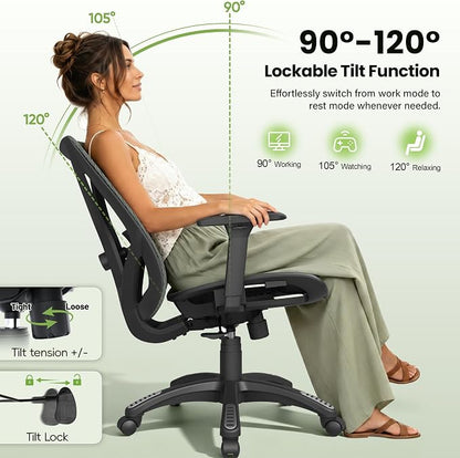 Ergonomic Office Chair, Mesh Computer Desk Chairs with Adjustable Lumbar Support, 3D Armrests, Tilt Function, Comfy Wide Seat, Swivel Executive Work Task Chair for Company and Home