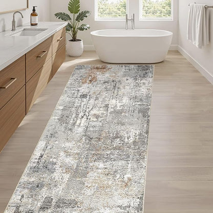 Runner Rug Kitchen Washable Rugs: 3x10 Non-Slip Abstract Soft Modern Stain Resistant Indoor Floor Neutral Accent Throw Carpet for Hallway Bathroom Laundry Room Entryway Bedroom- Gray Rust