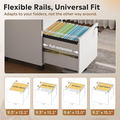 DEVAISE 3 Drawer Mobile File Cabinet with Individual Locks, Wood Filing Cabinet for Office, Under Desk Printer Stand with Wheels, Fits Letter/A4/Legal Size, White