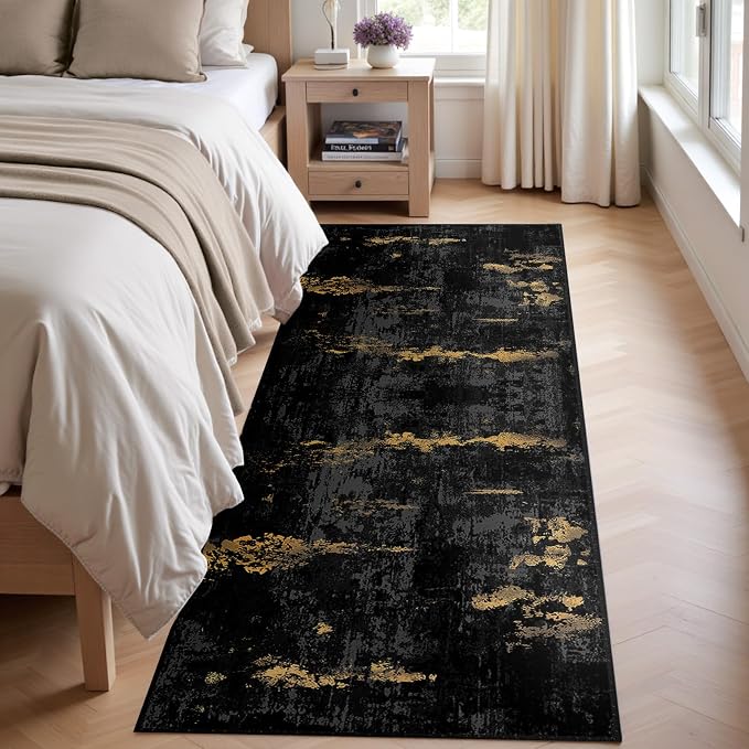 RELEANY Washable Area Rugs 2'x6' Non-Slip Modern Abstract Soft for Living Room Entryway Bedroom Kitchen, Print Pattern, Dark Black Gold