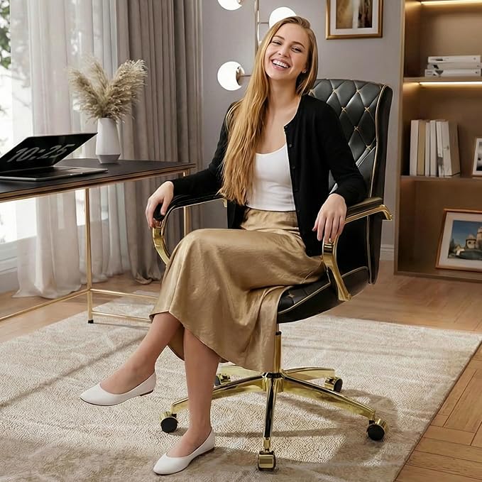 HomeZeer Black and Gold Office Chair, Luxury Leather Executive Desk Chair | Elegant Timeless Appeal, Vintage Mid Back Styling with Wheels and Padded Arms, Thick High Density Foam Comfort