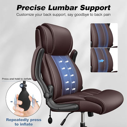 BESTFAIR Ergonomic High Back Office Chair, Adjustable Lumbar, Coffee 2 Pack | Inflatable Lumbar Support For Custom Comfort, Flip-Up Arms, 21" Wide Seat, Scratch-Resistant Pu Leather, Rocking & Heavy-Duty