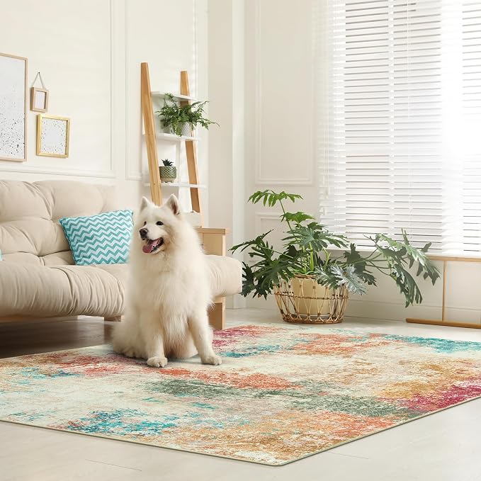 Lahome Abstract 6x9 Area Rugs for Living Room, Machine Washable Ultra Thin Bedroom Rug Stain Resistant, Low-Pile Soft Indoor Modern Colorful Large Throw Carpet for Office Dining Room