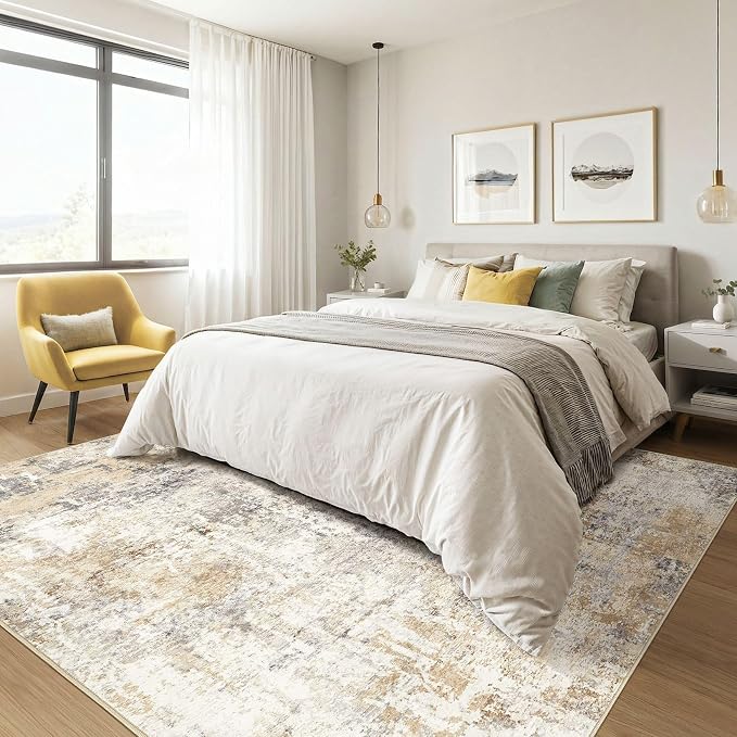 Square Rug 8x8 Living Room: Large Washable Abstract Modern Soft Area Rug Stain Resistant Indoor Floor Non-Slip Accent Carpet for Bedroom Nursery Playroom Dining Room Office Dorm Home Decor- Gray Gold