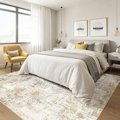 Square Rug 8x8 Living Room: Large Washable Abstract Modern Soft Area Rug Stain Resistant Indoor Floor Non-Slip Accent Carpet for Bedroom Nursery Playroom Dining Room Office Dorm Home Decor- Gray Gold