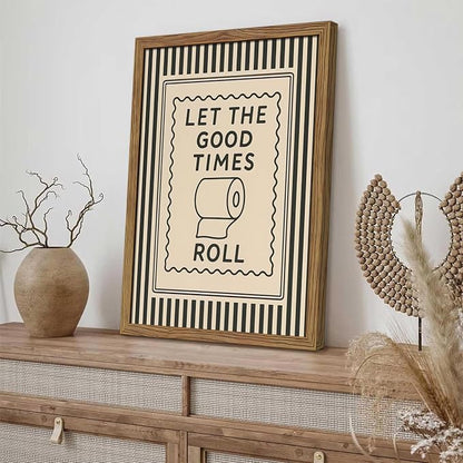 Framed Let The Good Times Roll Bathroom Print, Vintage Funny Toilet Quote Canvas Wall Art, Stripes Bathroom Picture Poster, Downstairs Toilet Painting Wall Decor 8x10 inch