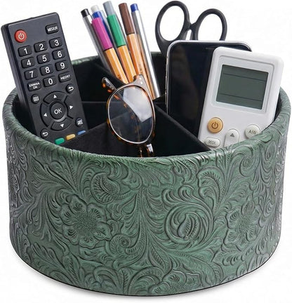 lizimandu Remote Control Holder, 360°Spinning PU Leather Desk TV Remote Caddy,Desk Storage Box Room Accessories for Controller, Media,Mail,Calculator, Mobile Phone,Pencil(1B-Carved3 Green)