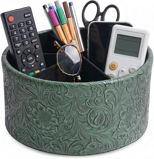 lizimandu Remote Control Holder, 360°Spinning PU Leather Desk TV Remote Caddy,Desk Storage Box Room Accessories for Controller, Media,Mail,Calculator, Mobile Phone,Pencil(1B-Carved3 Green)