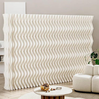 Accordion Kraft Paper Room Divider, 3D Diamond Wave Privacy Screen, Modern Freestanding Folding Partition, No Drill & Portable for Home Office Studio Salon White