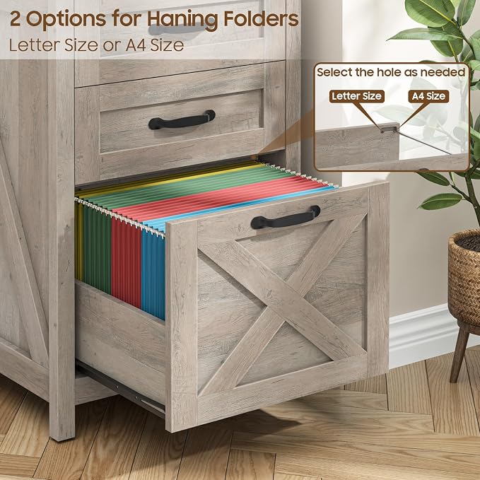 Halitaa 3 Drawer Small File Cabinet, Farmhouse Vertical Filing Cabinet Fits Letter and A4 Size, Under Desk Wooden File Cabinets for Home Office, Printer Stand, Rustic Grey