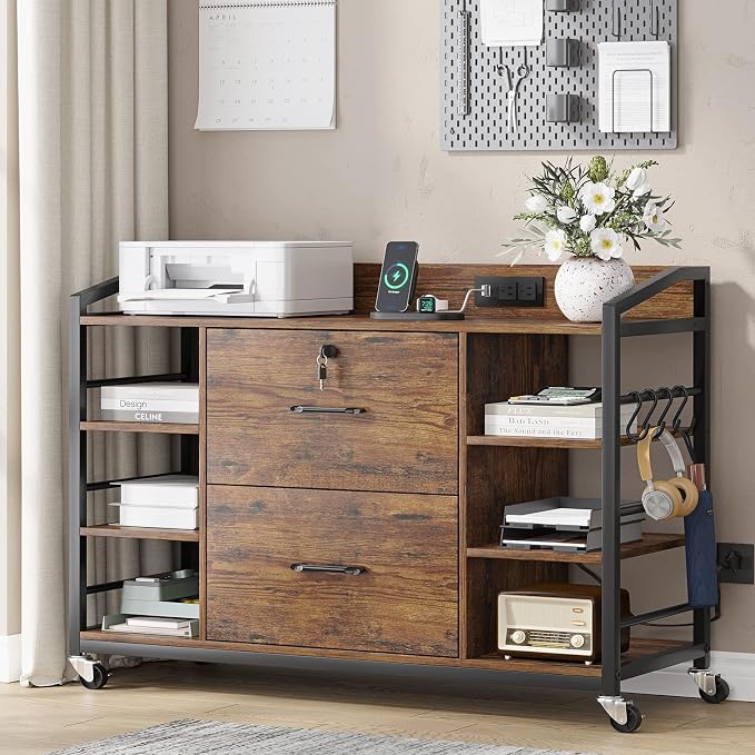 SEDETA 44" File Cabinet, Filing Cabinet fits Legal/Letter Size, 2 Drawer File Cabinets for Home Office with Lock, Power Strip, 6 Storage Shelves, Rustic Brown