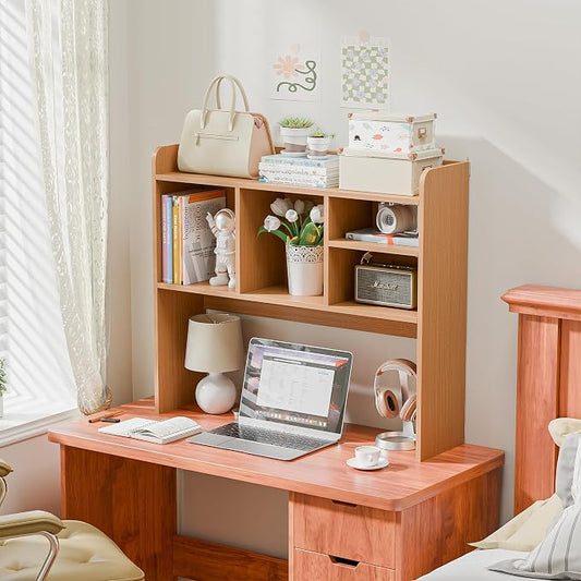 SUPER DEAL Desktop Bookshelf, Countertop Storage Hutch with 4 Shelves for Computer Desk, 2-Tier Display Rack, Multipurpose Wood Desk Hutch Storage Organizer for Home Office Dorm, Natural
