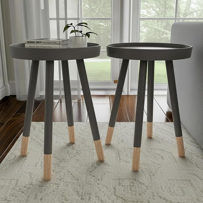 Lavish Home Round End Table Set of 2 – 17 Inch Small Round Side Table Set with Tray Tops and Color-Block Spindle Legs – Wooden Mid Century Modern Living Room Furniture (Gray)