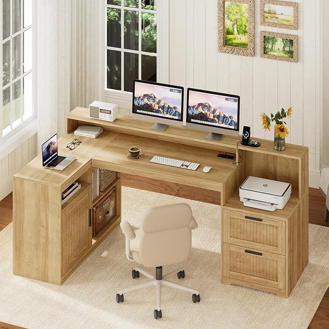 TVU Farmhouse L Shaped Desk with Drawers, 62.2" Home Office Desk with Storage Shelves and Power Outlet, L Shaped Computer Desk with Monitor Stand and Printer Shelf, Oak