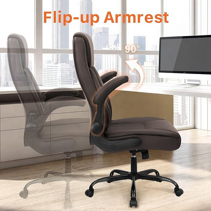 NEO CHAIR Office Desk Gaming Computer Home Chair Ergonomic Executive High Back Support Flip-up Arms Adjustable Height Swivel Rolling Wheels Comfy PU Leather (Brown)