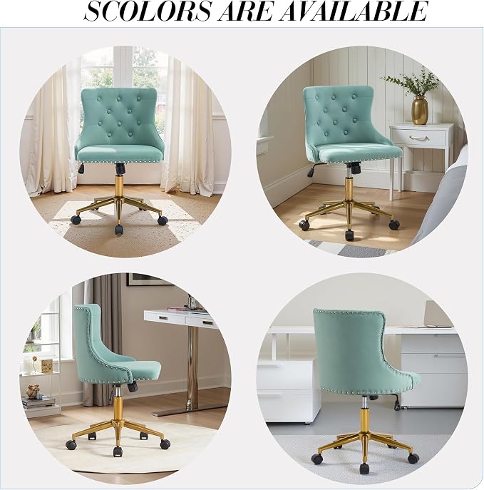 Velvet Armless Home Office Desk Chair, Swivel Height-Adjustable Small Cute Vanity Chair for Women/Girls, Comfy Makeup Chair with Rivet and Gold Base for Living Room, Bedroom(Green)