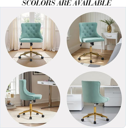 Velvet Armless Home Office Desk Chair, Swivel Height-Adjustable Small Cute Vanity Chair for Women/Girls, Comfy Makeup Chair with Rivet and Gold Base for Living Room, Bedroom(Green)
