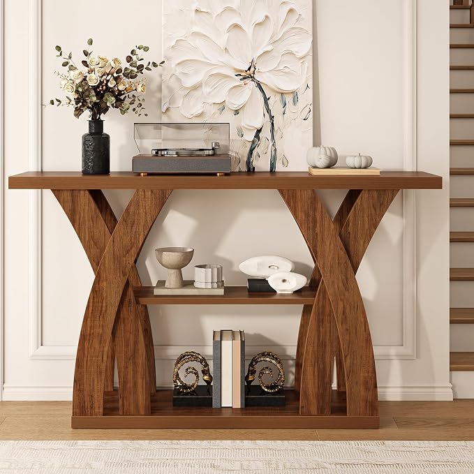 55 inch Farmhouse Entryway Table, Console Table with 3-Tier Storage, Rustic Striped Brown X-Shaped Narrow Entry Table for Behind Couch, Living Room, Hallway, Foyer