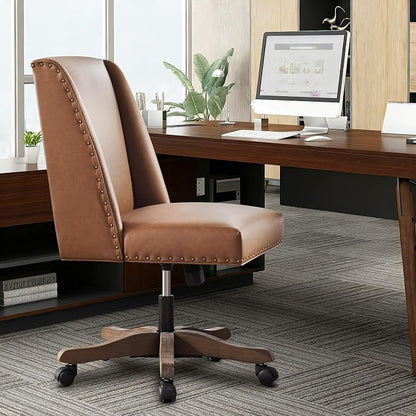 Zihanhome Armless Office Chair with Wooden Legs, Modern Adjustable Home Office Chair Computer Chair Swivel Chair for Home Office Study Studio (PU Brown)