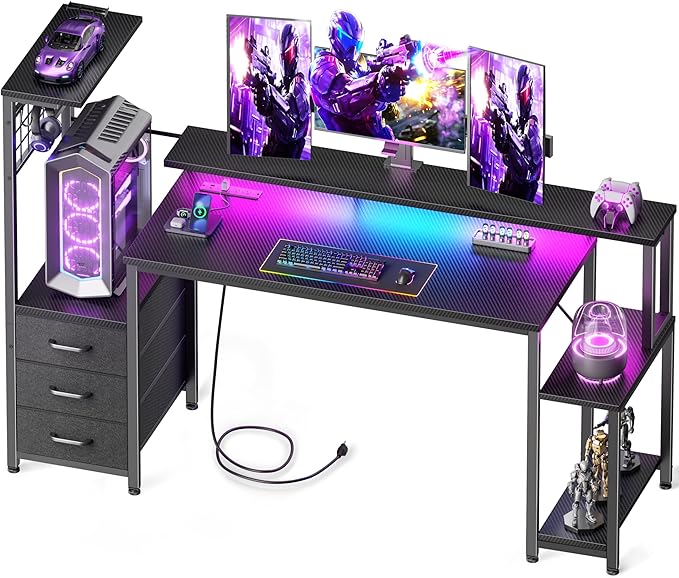 Korfile 55 Inch Gaming Desk with Bluetooth LED Lights & Power Outlets,Computer Desk with Fabric Drawers & Hooks,Reversible Gamer Table with Monitor Stand for Game Room,Home Office,Carbon Fiber Black