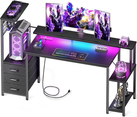 Korfile 55 Inch Gaming Desk with Bluetooth LED Lights & Power Outlets,Computer Desk with Fabric Drawers & Hooks,Reversible Gamer Table with Monitor Stand for Game Room,Home Office,Carbon Fiber Black