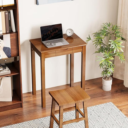 Solid Wooden Desk with Drawers - 24 x 16 Inch Narrow Desks, Rubberwood Mid Century Modern Desks, Small Writing Desk for Bedroom|Small Spaces - Walnut Color